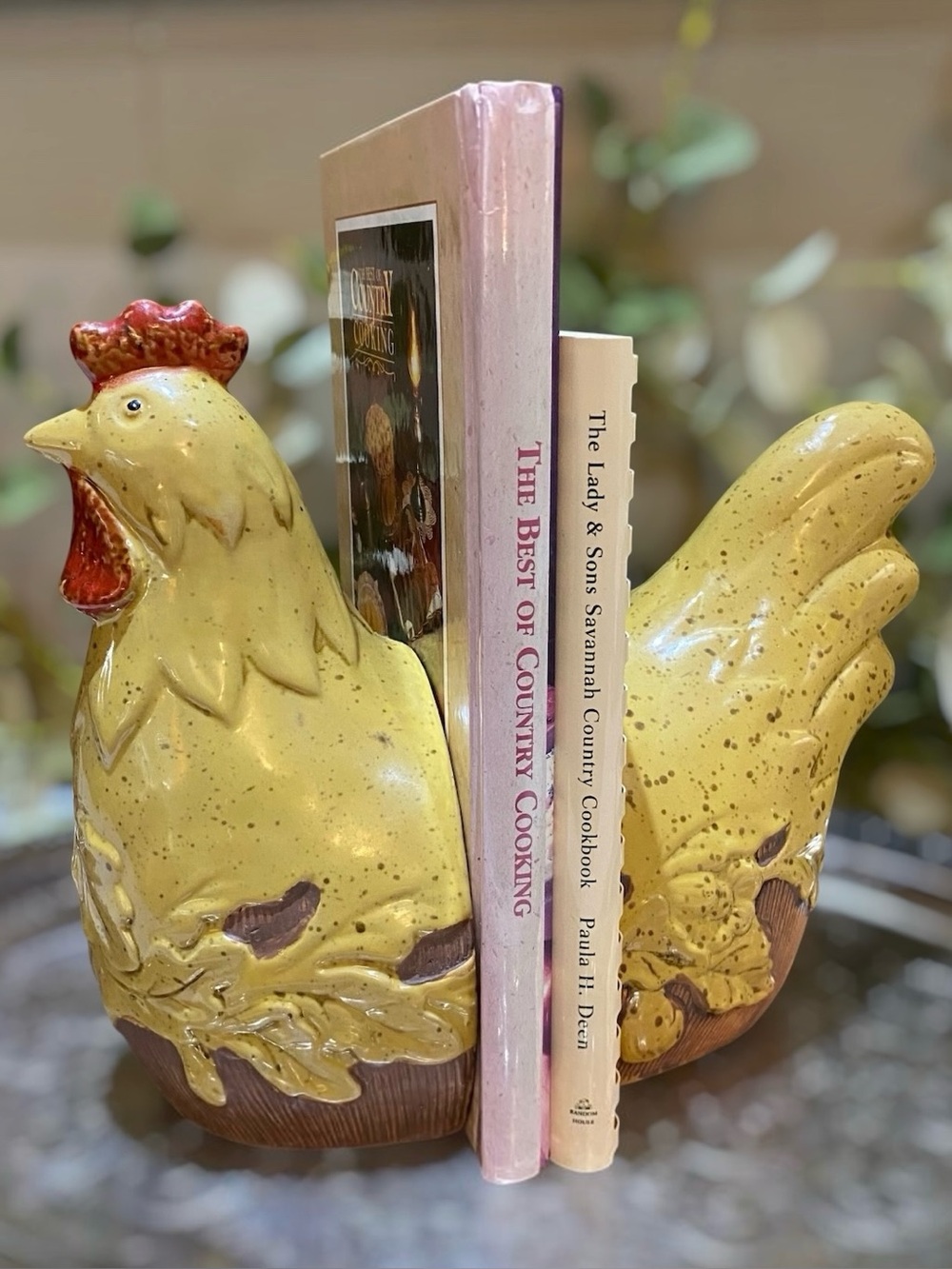 Vintage Bookends Ceramic Chicken Rooster Yellow Farmhouse Kitchen Recipe Books